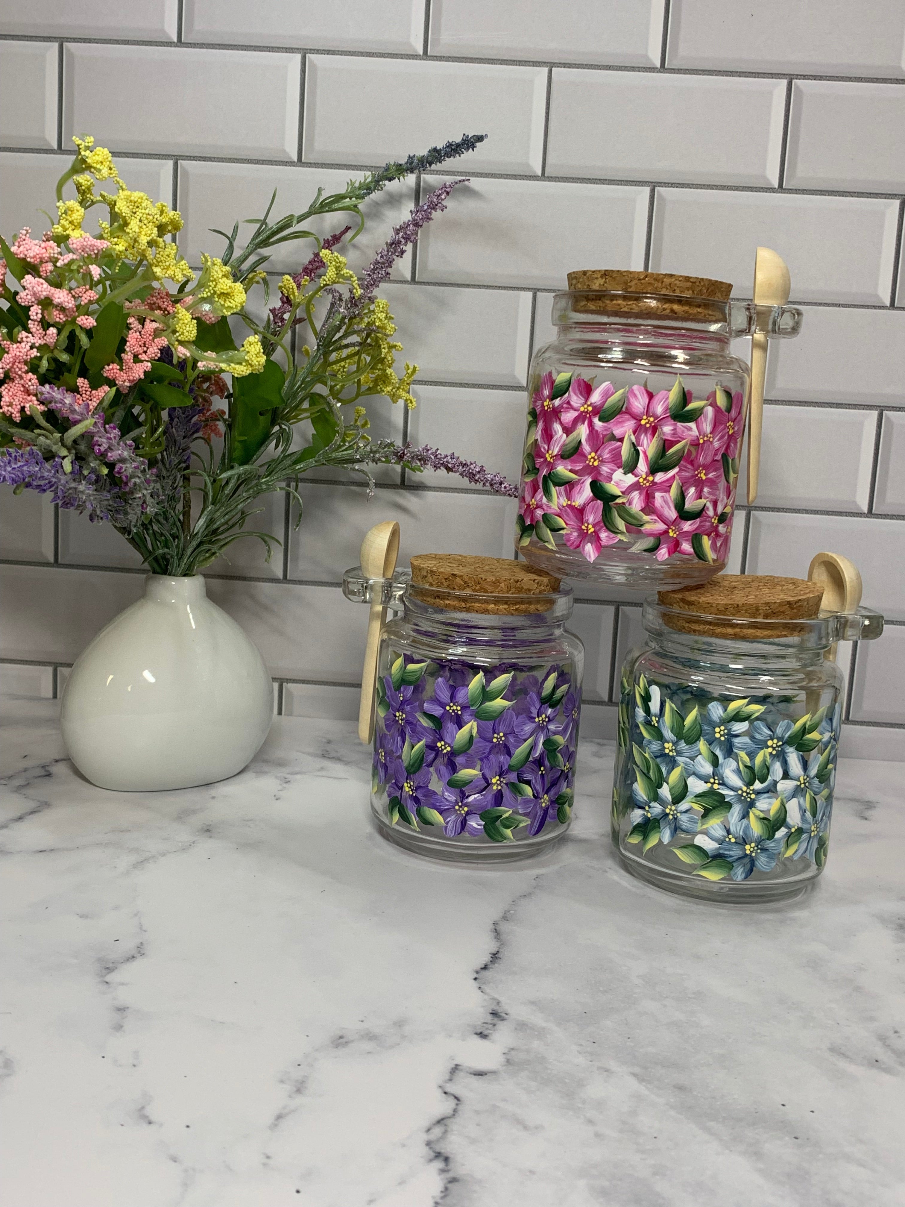 hand painted glass storage jars, available in variety of sizes and shapes to store coffee, loose tea, spices, dishwasher pods, laundry pods, scent beads, or bath salts.