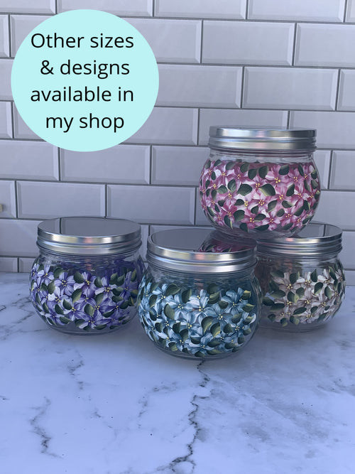 18 oz Glass Storage Jar hand painted with Pink Hydrangea Flowers for kitchen or bathroom storage