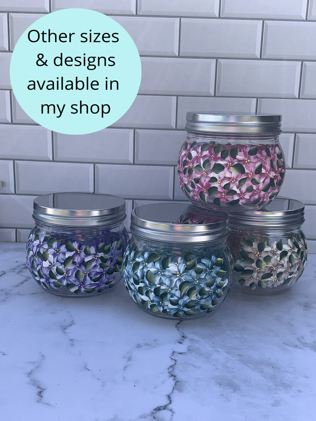 18 oz Glass Storage Jar hand painted with Blue Hydrangea Flowers for kitchen or bathroom storage