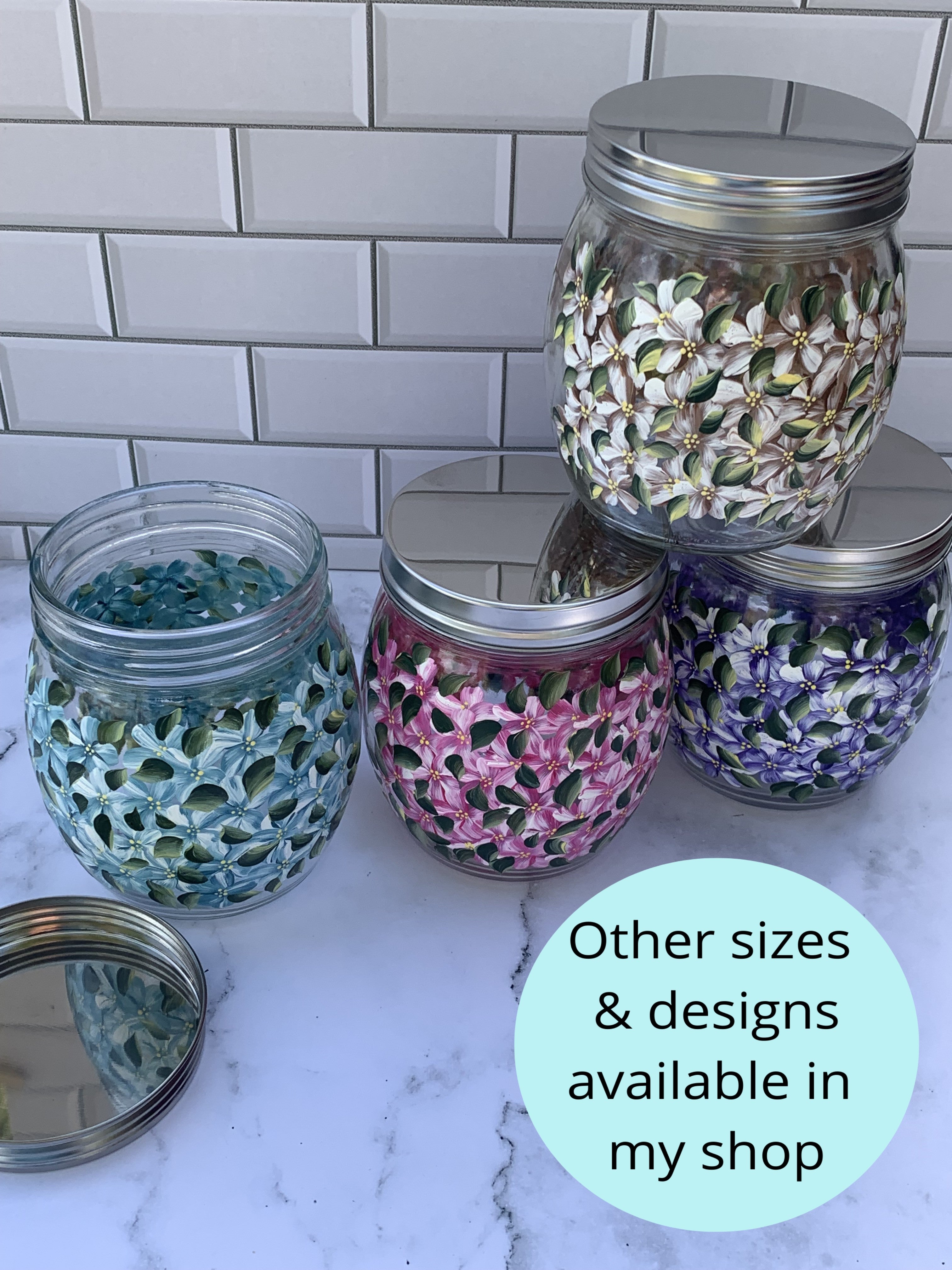 27 oz Off-White Hydrangea Floral Hand-Painted glass storage jar, kitchen or bathroom storage