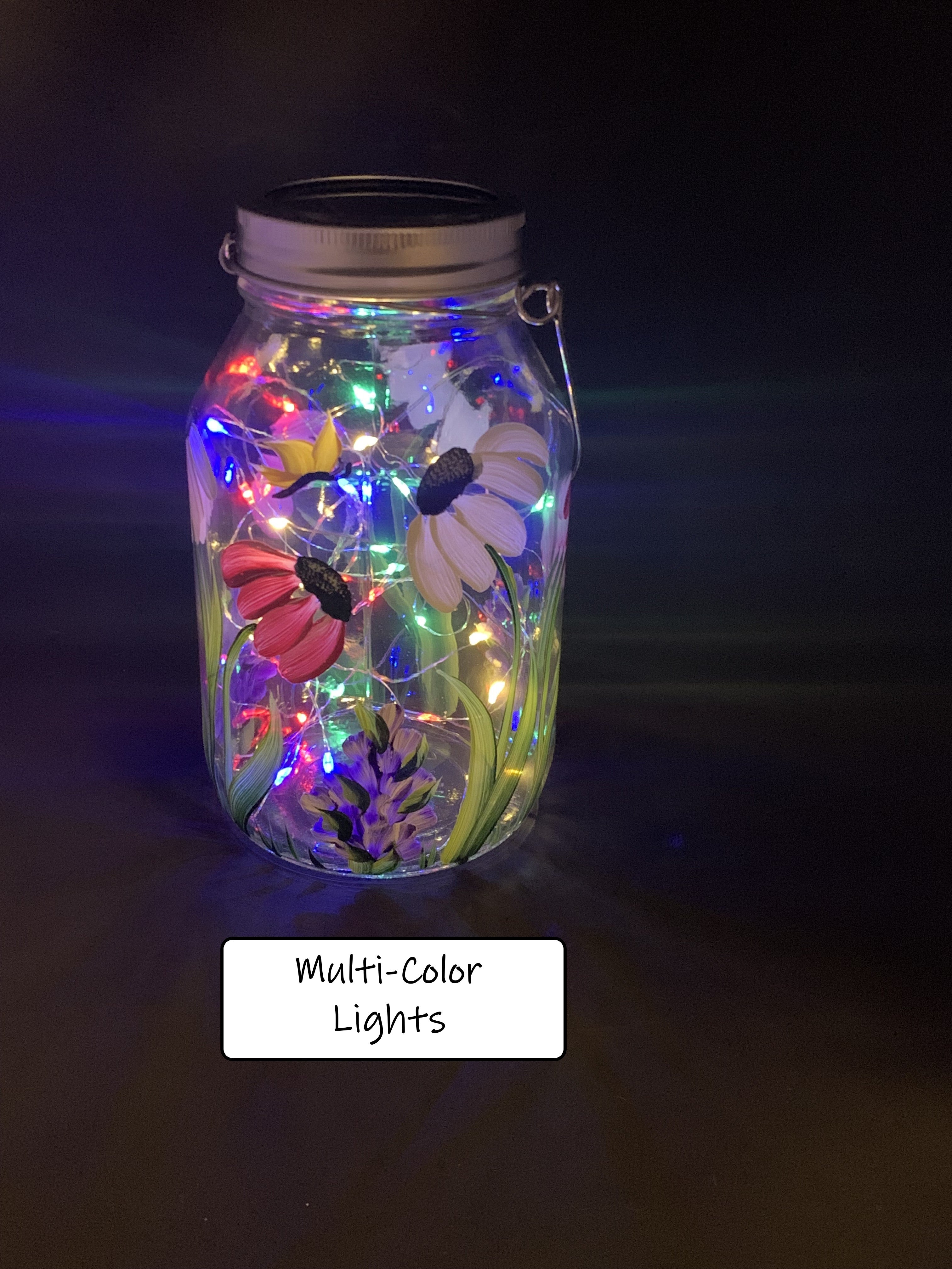 Daisy with Wildflowers Floral Glass Solar Lantern – 32oz Fairy Jar with Handle