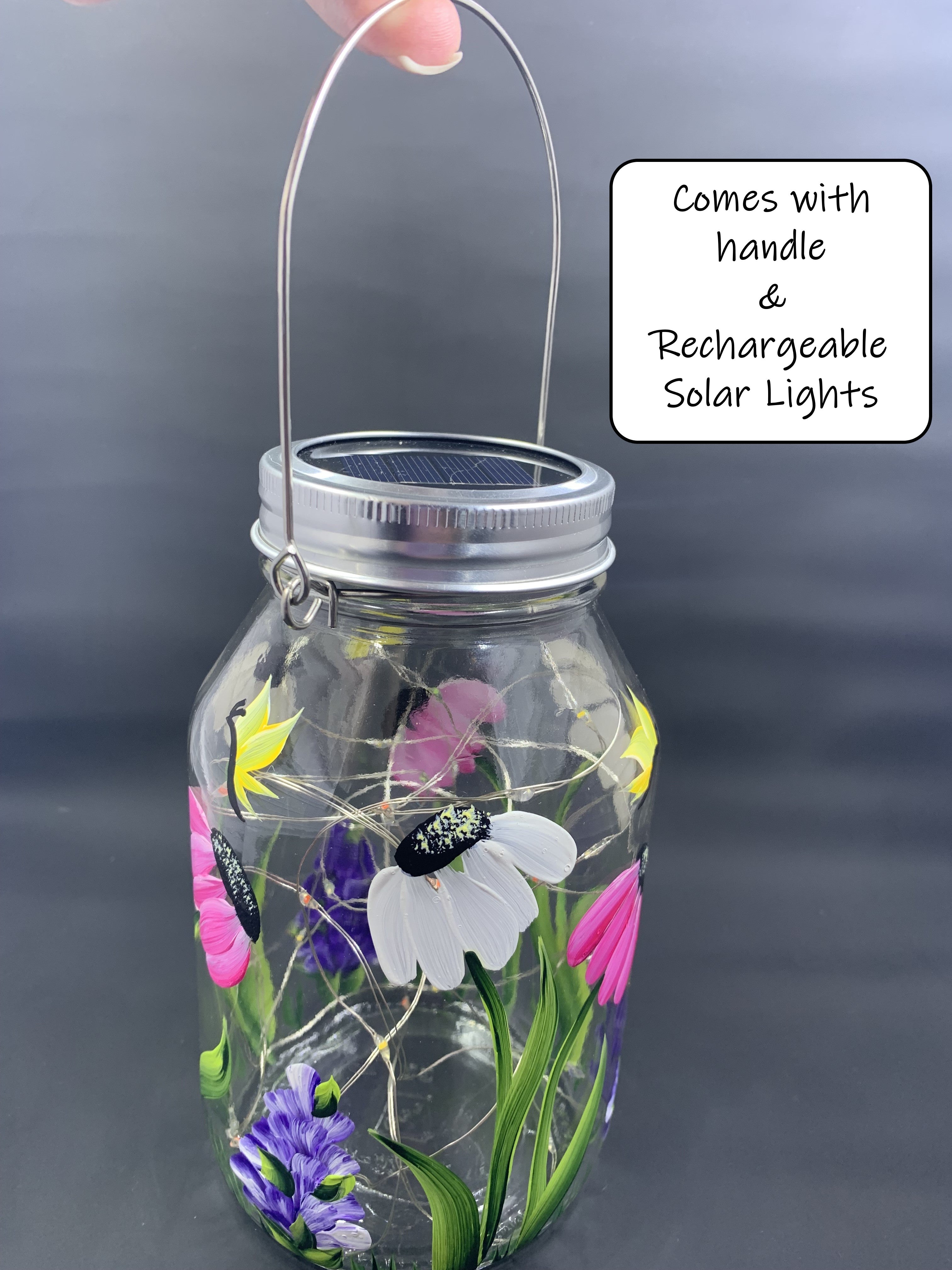 Daisy with Wildflowers Floral Glass Solar Lantern – 32oz Fairy Jar with Handle