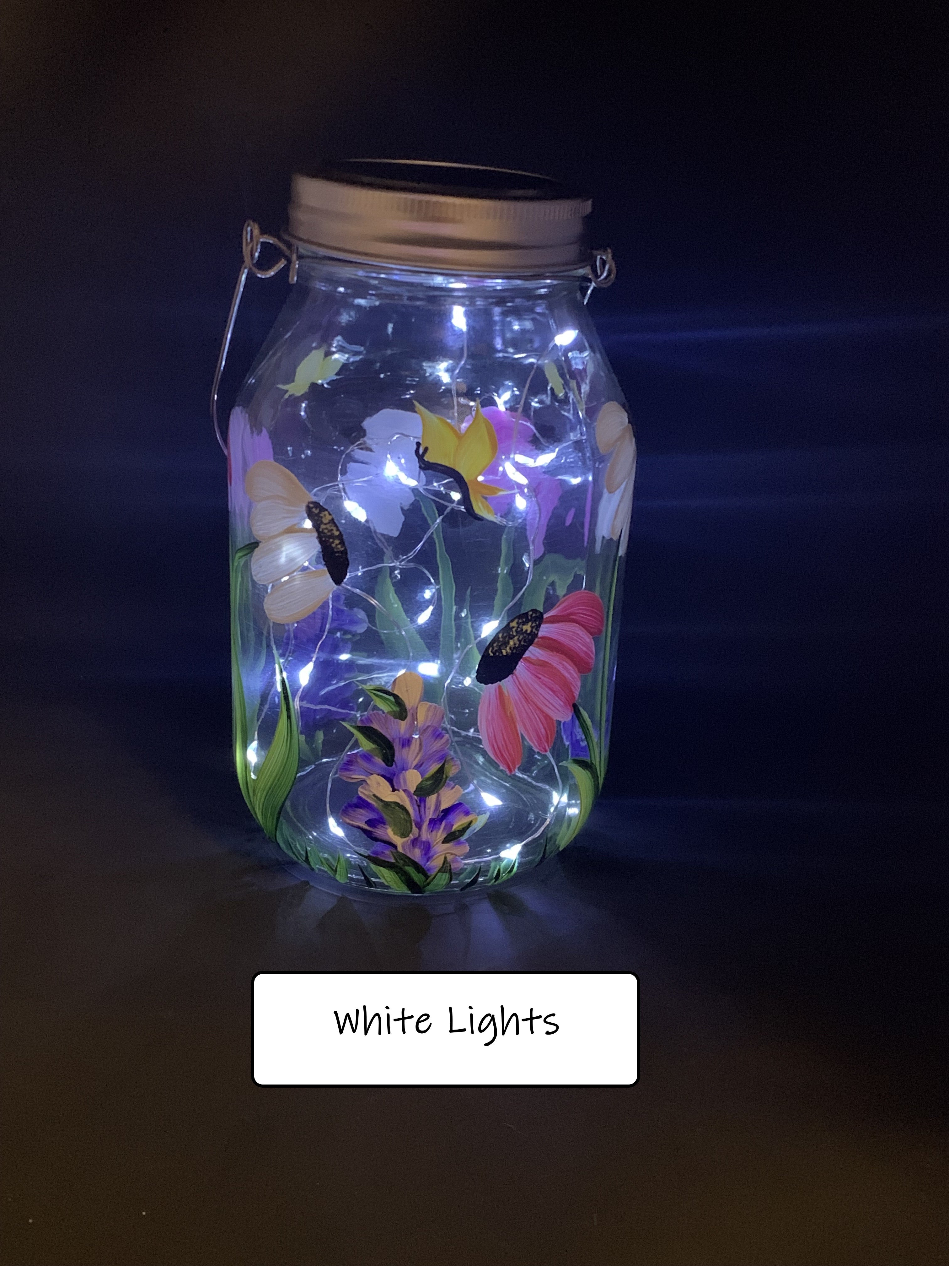 Daisy with Wildflowers Floral Glass Solar Lantern – 32oz Fairy Jar with Handle