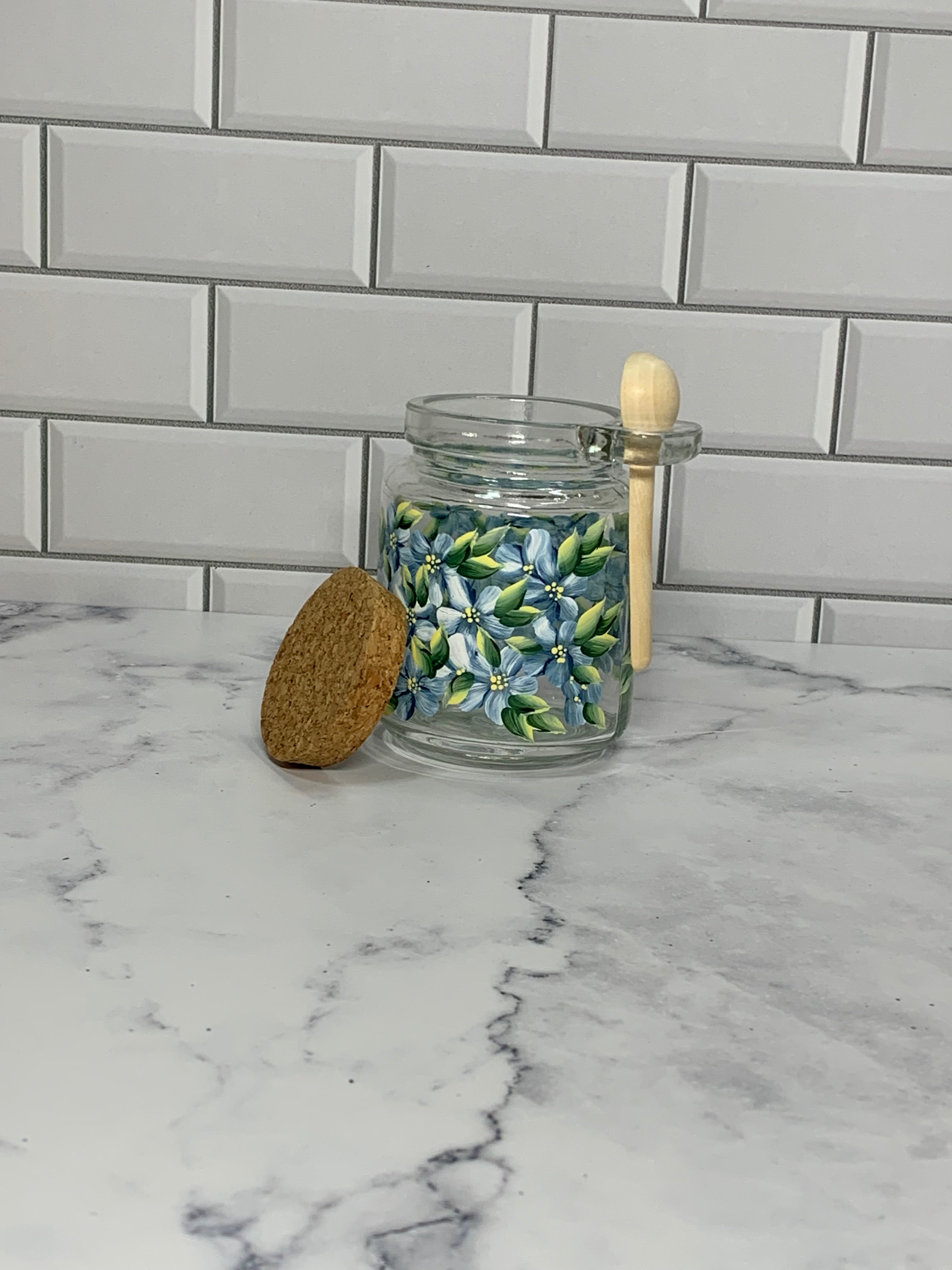 Blue Floral Hand-Painted 8 oz Glass Jar | Cork Lid & Bamboo Spoon
