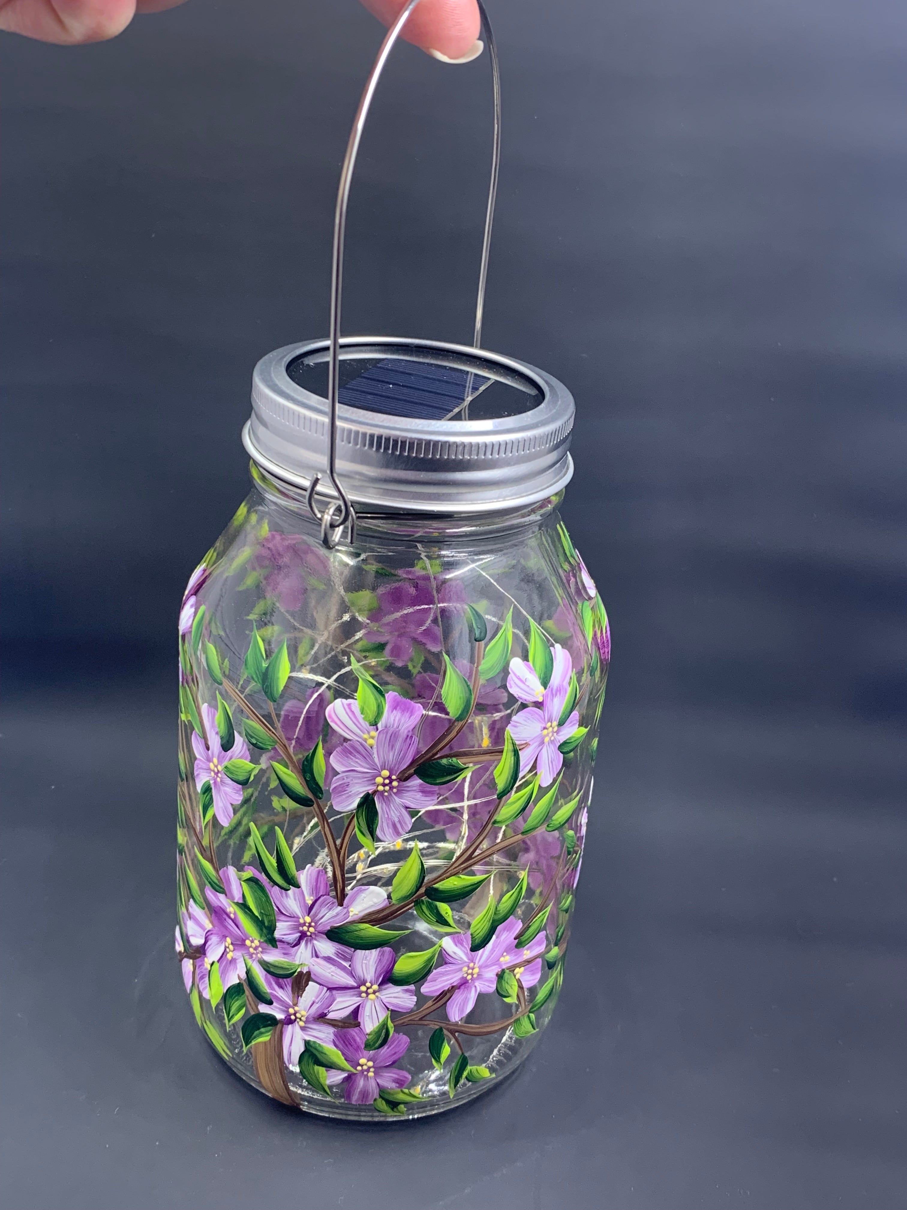 Purple Floral Glass Solar Lantern – 32oz Fairy Jar with Handle