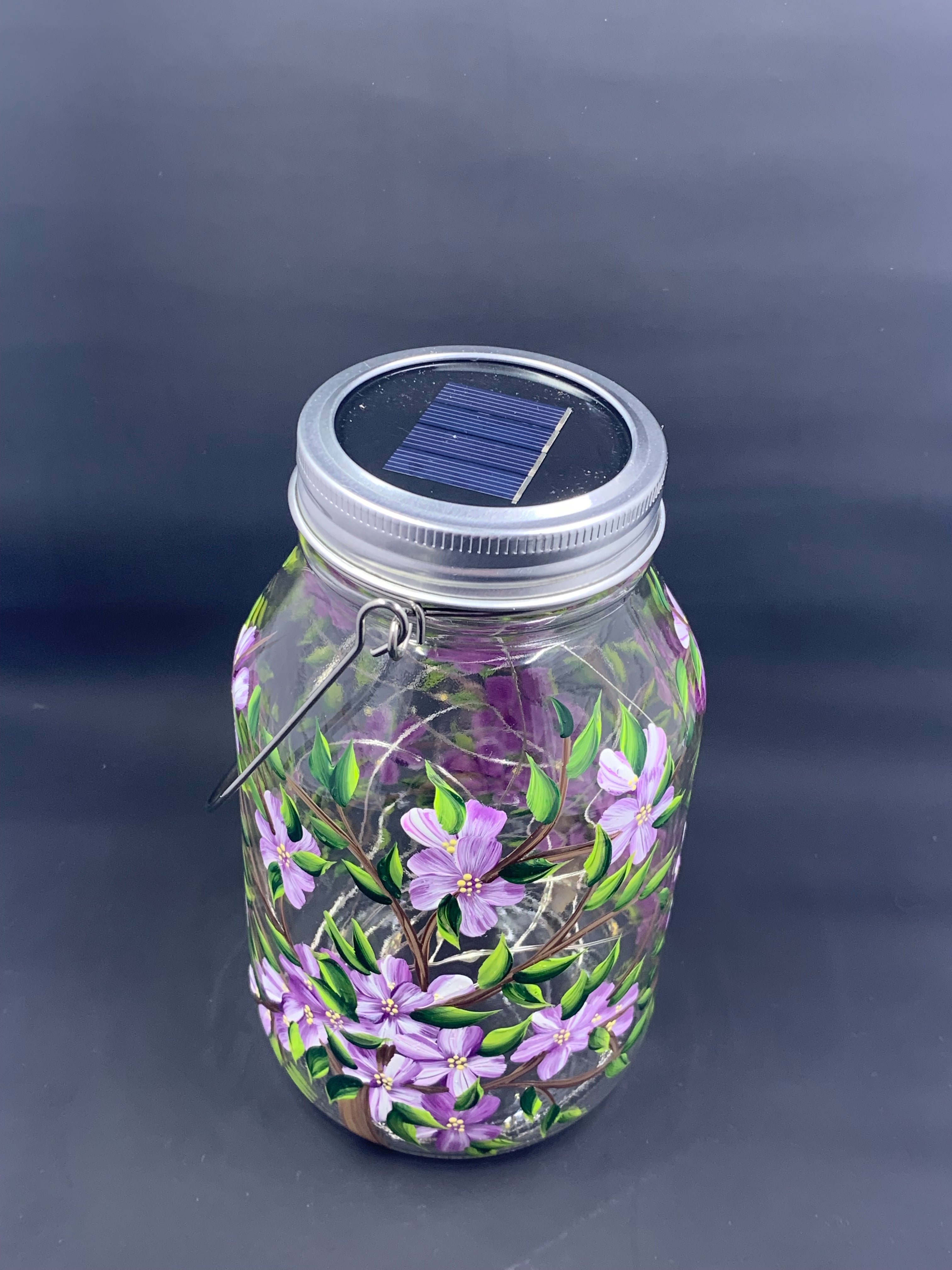 Purple Floral Glass Solar Lantern – 32oz Fairy Jar with Handle