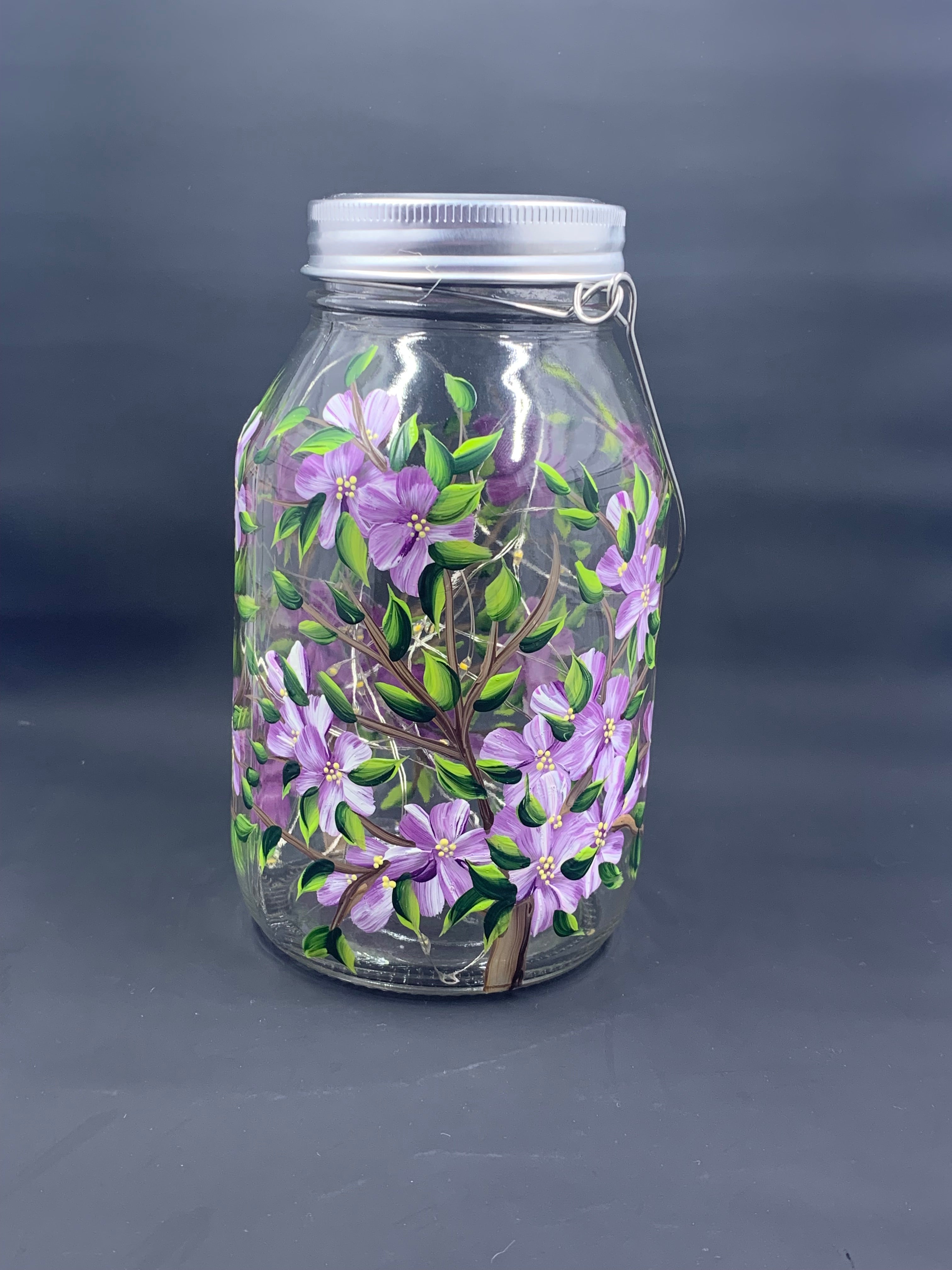 Purple Floral Glass Solar Lantern – 32oz Fairy Jar with Handle