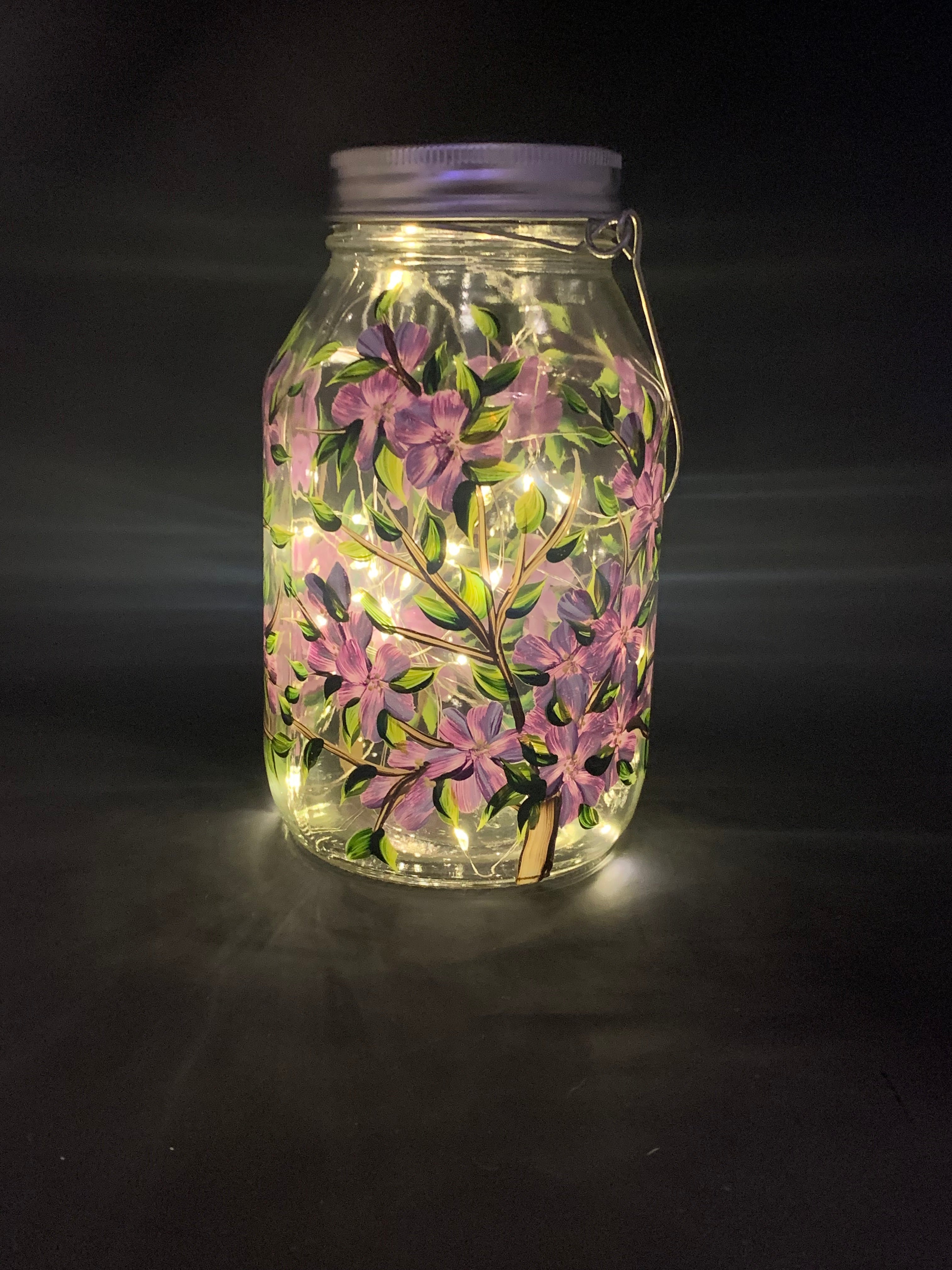 Purple Floral Glass Solar Lantern – 32oz Fairy Jar with Handle
