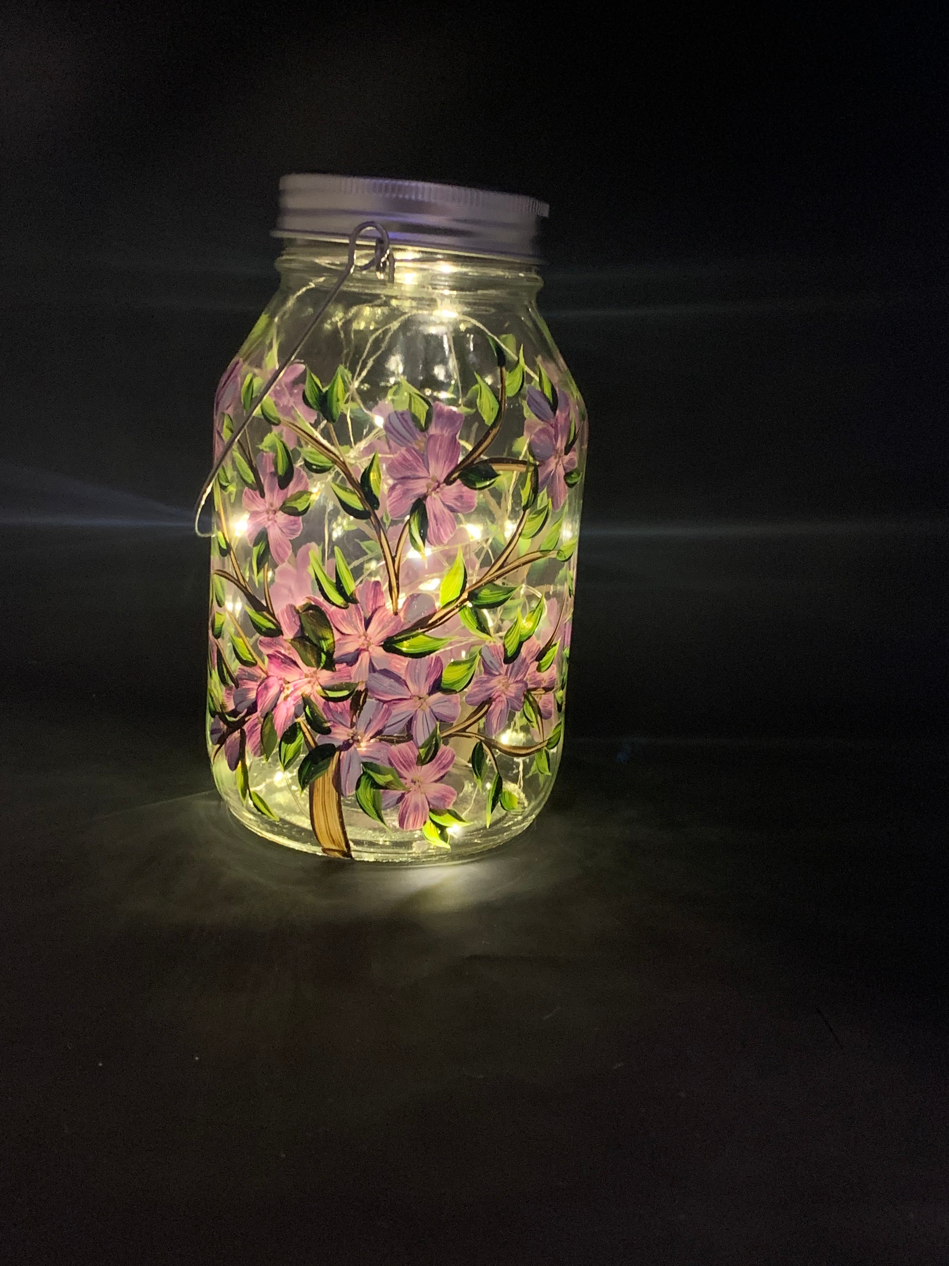 Purple Floral Glass Solar Lantern – 32oz Fairy Jar with Handle