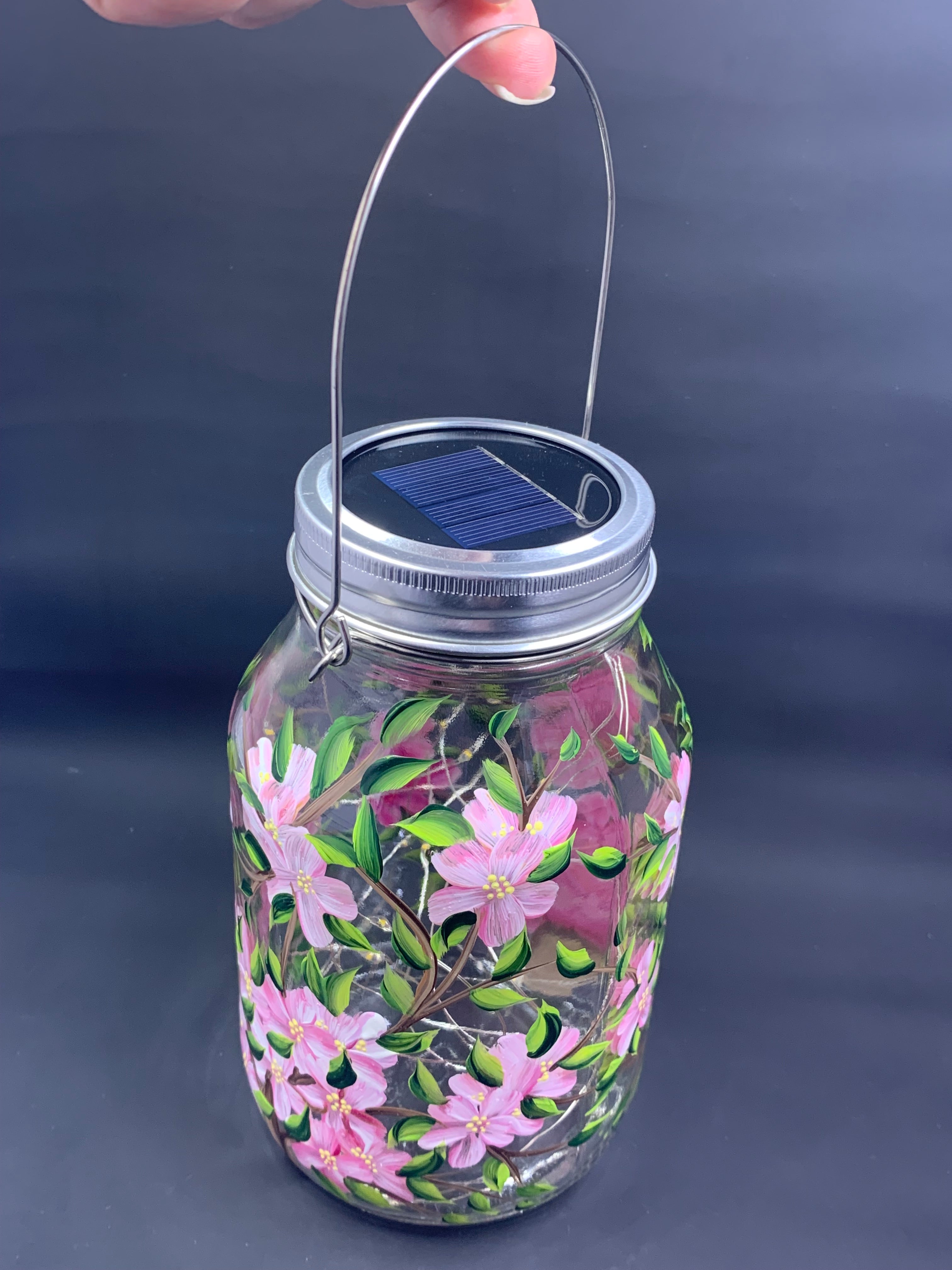 Pink Cherry Blossom Floral Glass Solar Lantern – 32oz Fairy Jar with Handle