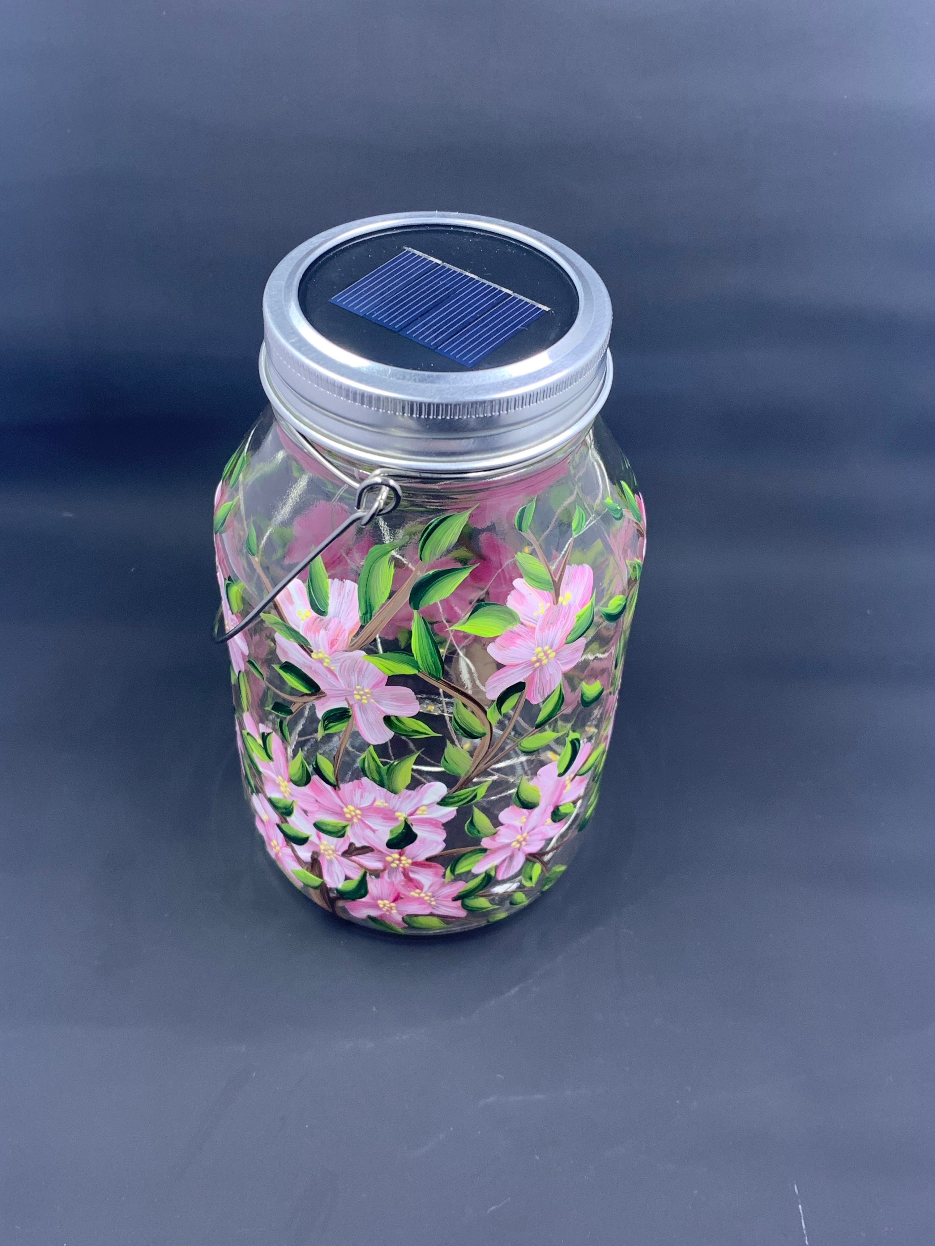 Pink Cherry Blossom Floral Glass Solar Lantern – 32oz Fairy Jar with Handle