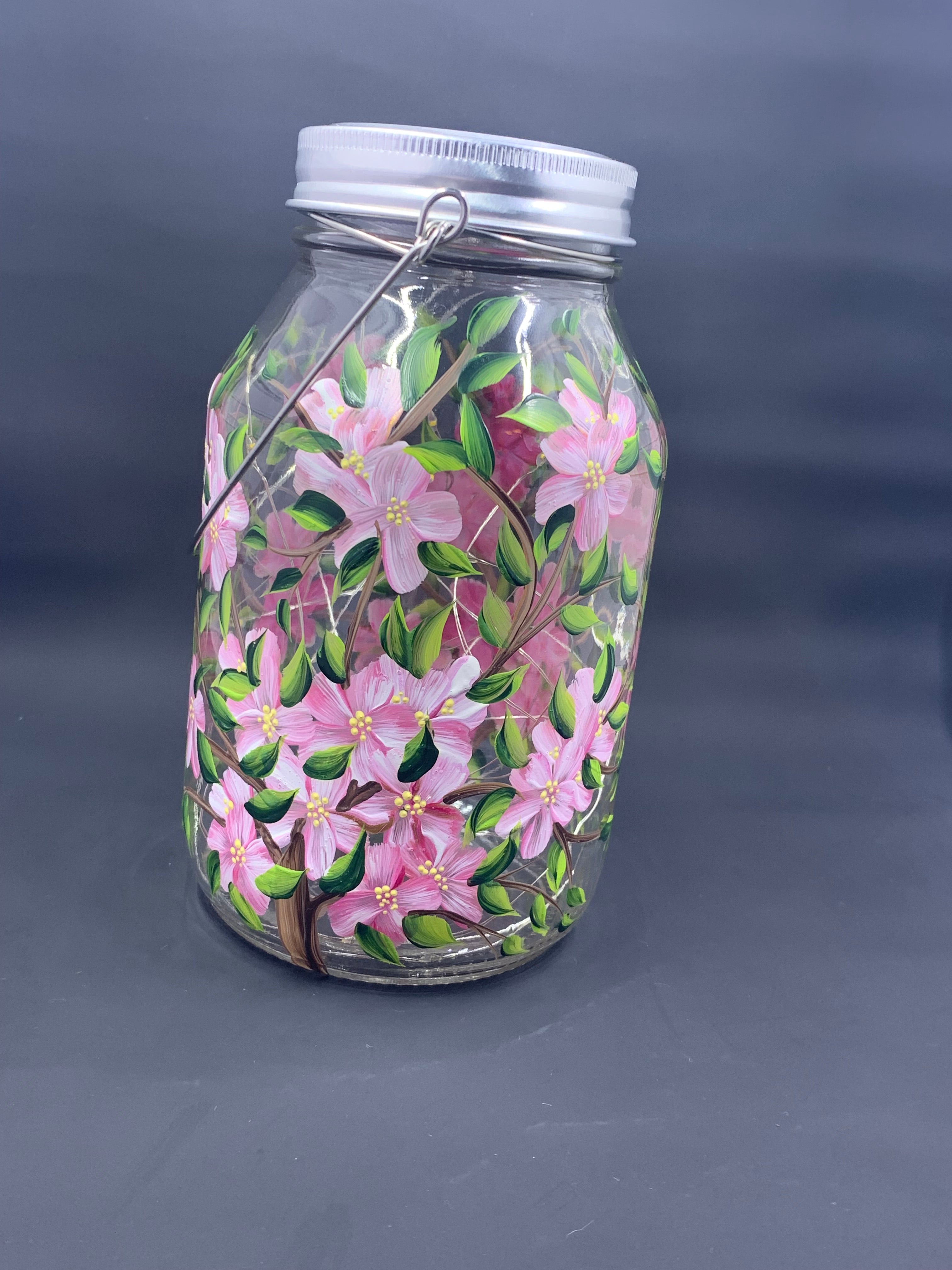 Pink Cherry Blossom Floral Glass Solar Lantern – 32oz Fairy Jar with Handle