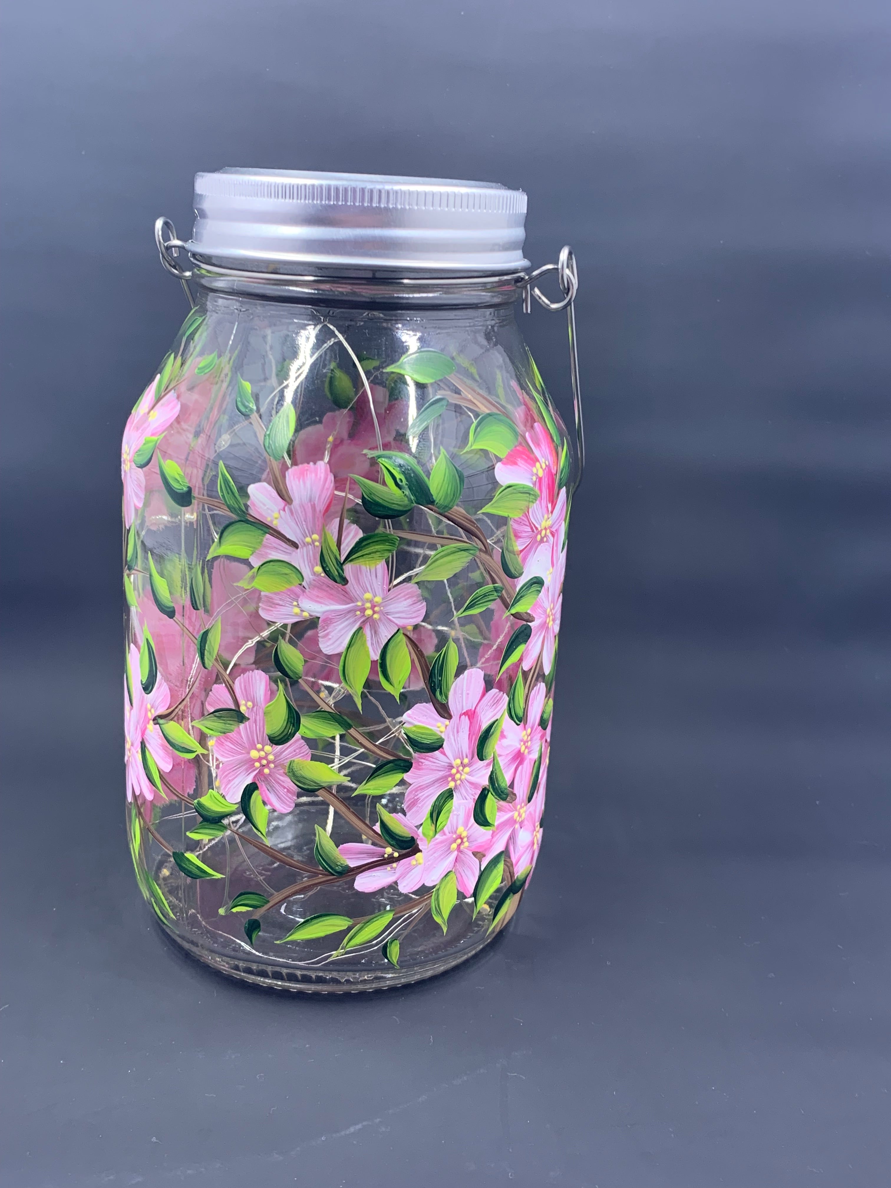 Pink Cherry Blossom Floral Glass Solar Lantern – 32oz Fairy Jar with Handle