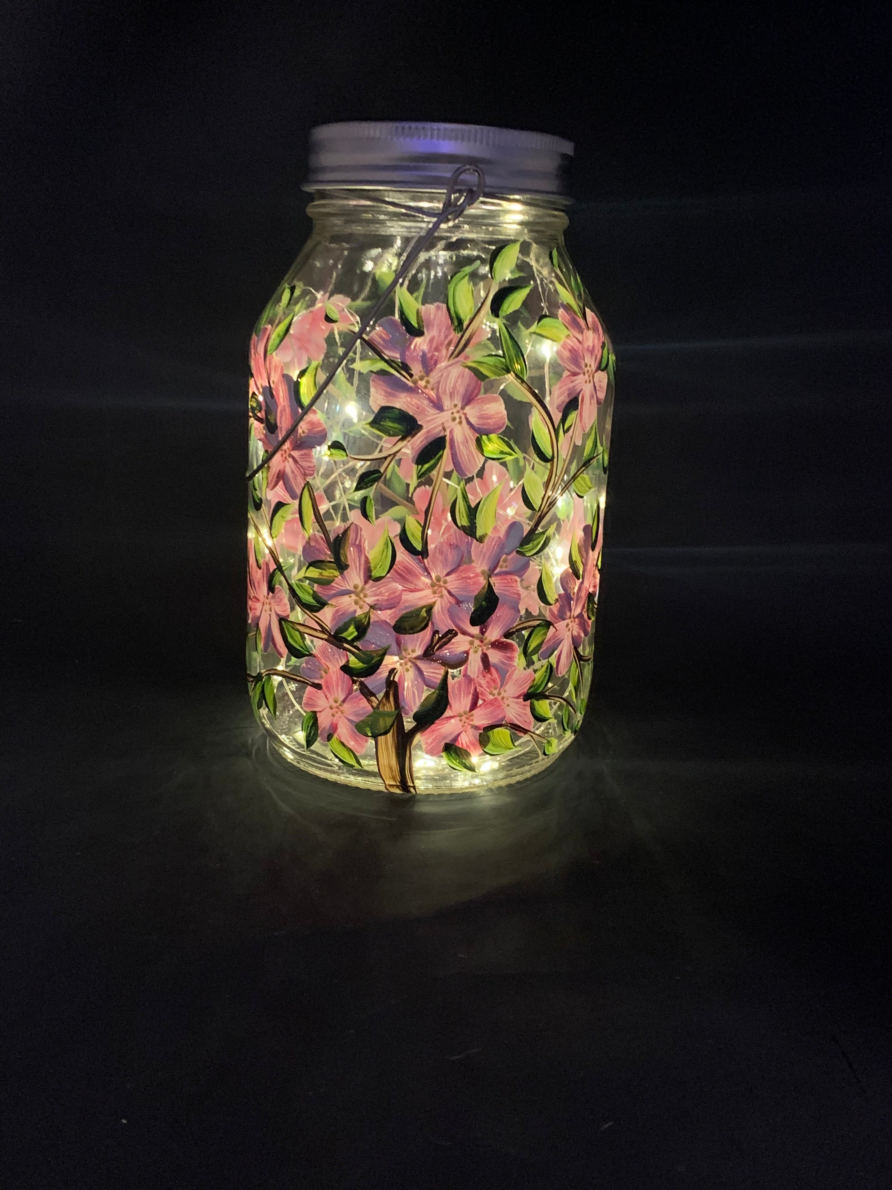 Pink Cherry Blossom Floral Glass Solar Lantern – 32oz Fairy Jar with Handle