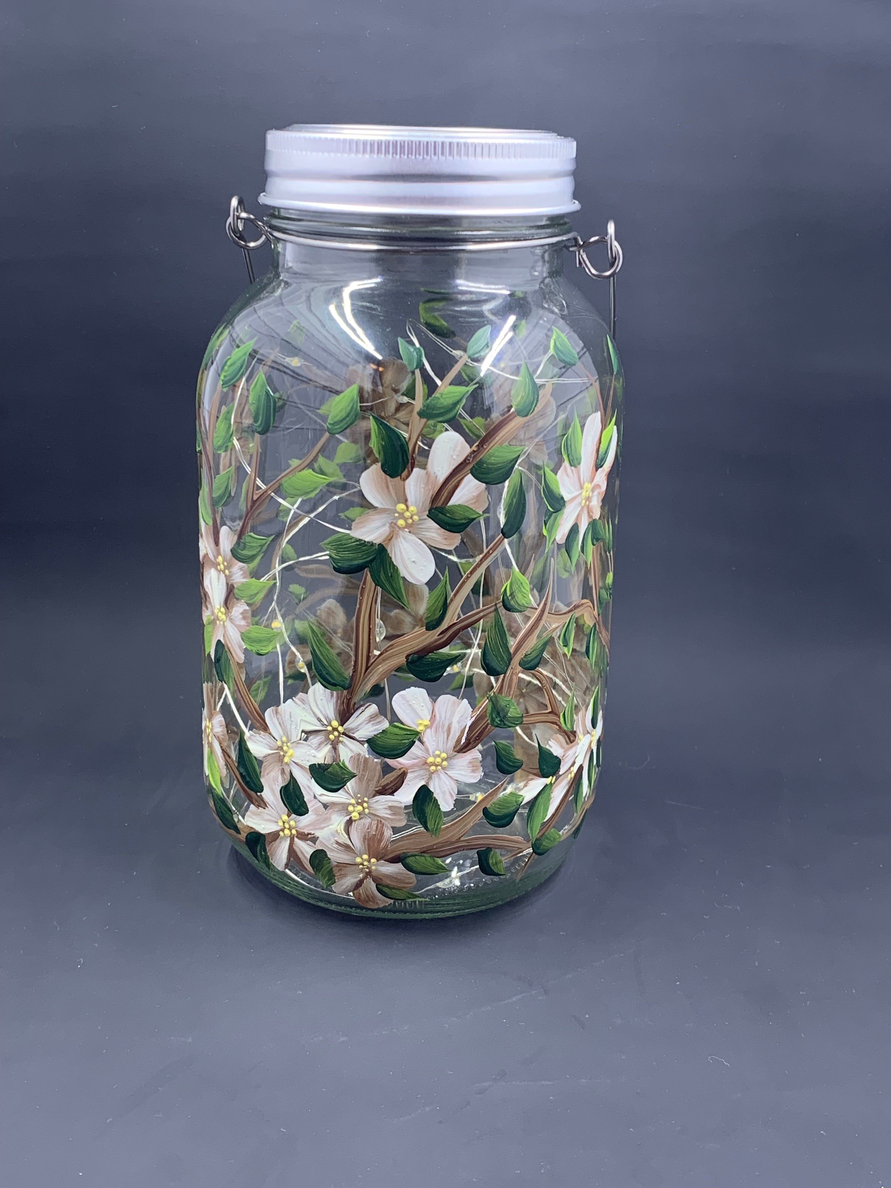 Dogwood Floral Glass Solar Lantern – 32oz Fairy Jar with Handle