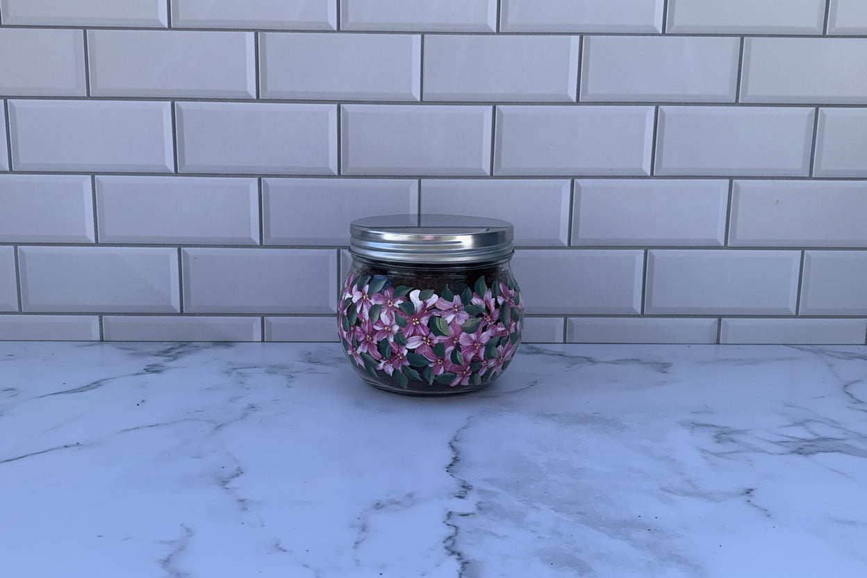 18 oz Glass Storage Jar hand painted with Pink Hydrangea Flowers for kitchen or bathroom storage