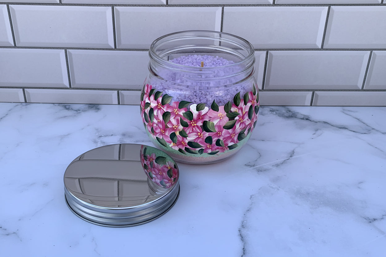 18 oz Glass Storage Jar hand painted with Pink Hydrangea Flowers for kitchen or bathroom storage