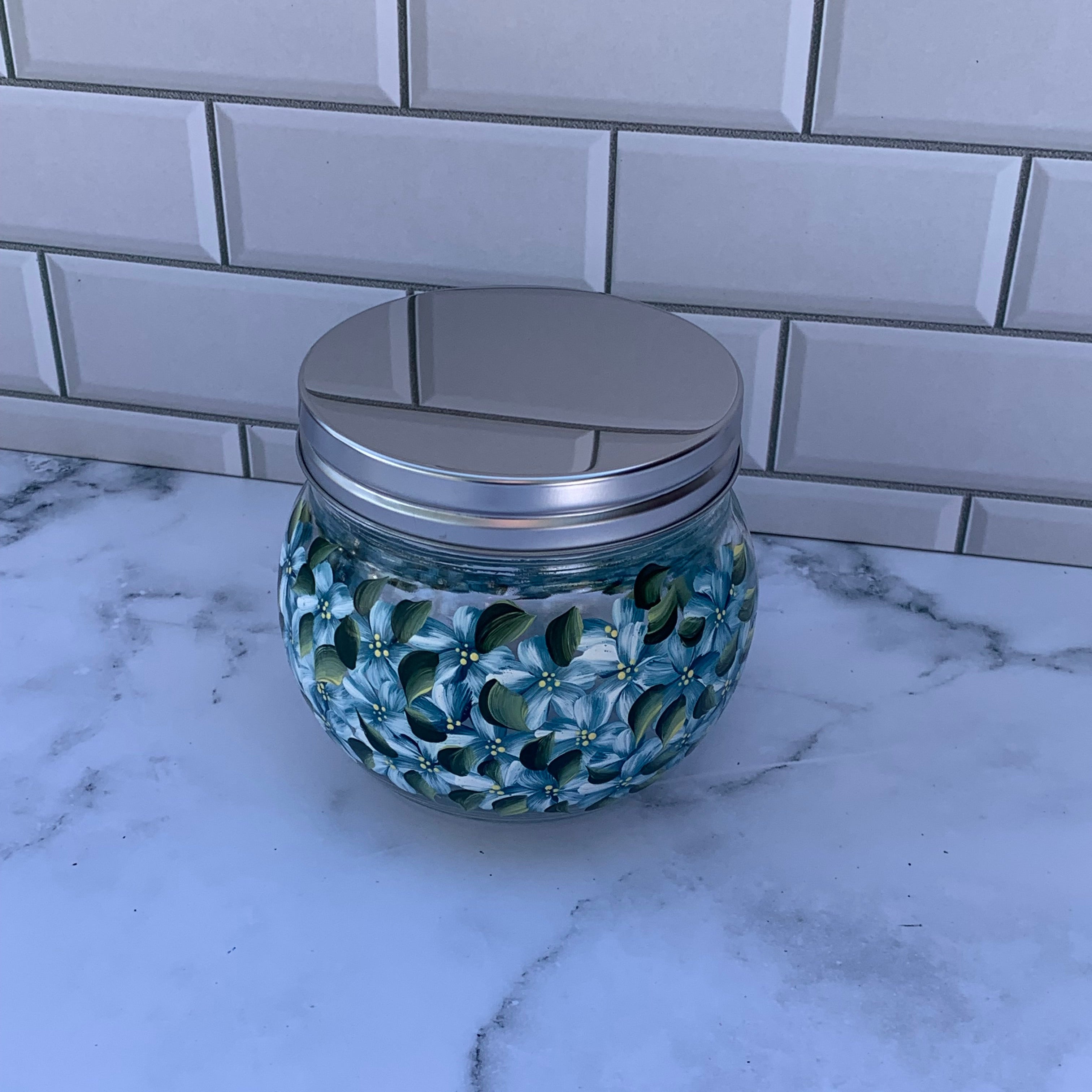 18 oz Glass Storage Jar hand painted with Blue Hydrangea Flowers for kitchen or bathroom storage