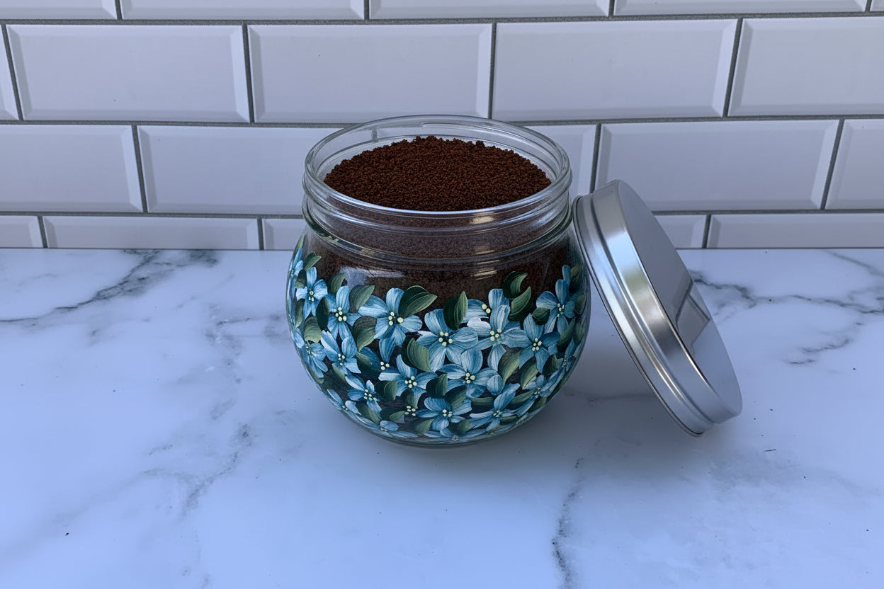 18 oz Glass Storage Jar hand painted with Blue Hydrangea Flowers for kitchen or bathroom storage