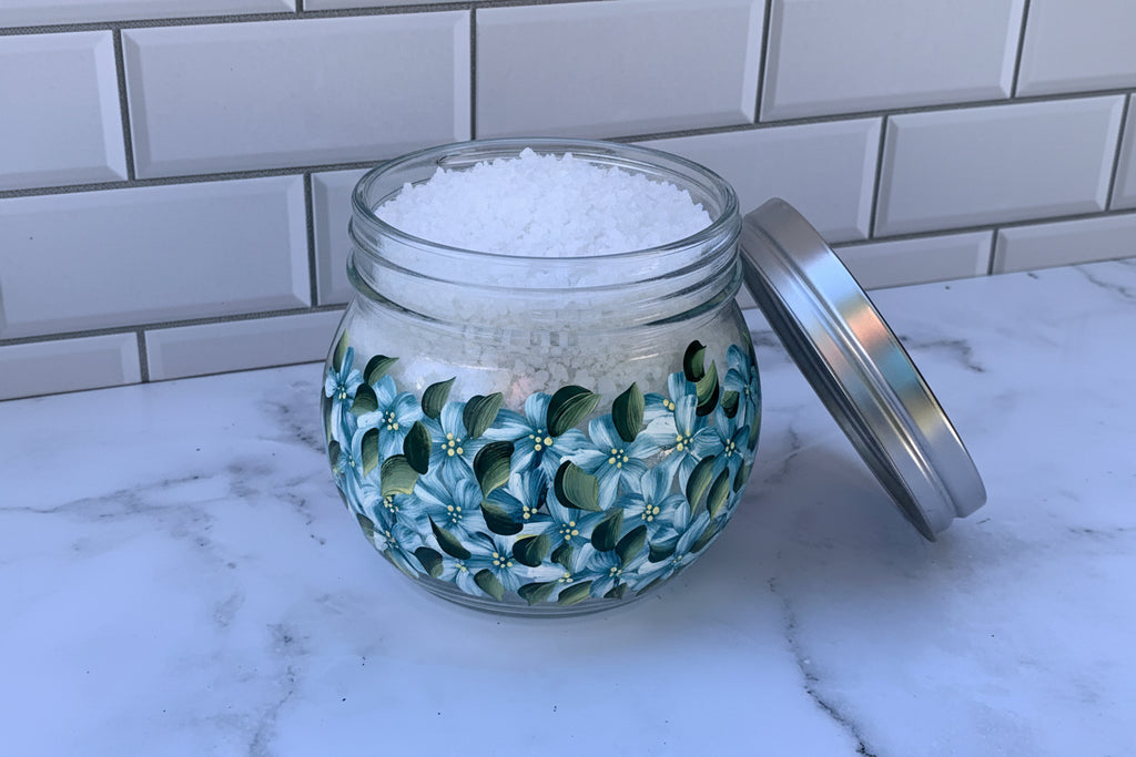 18 oz Glass Storage Jar hand painted with Blue Hydrangea Flowers for kitchen or bathroom storage