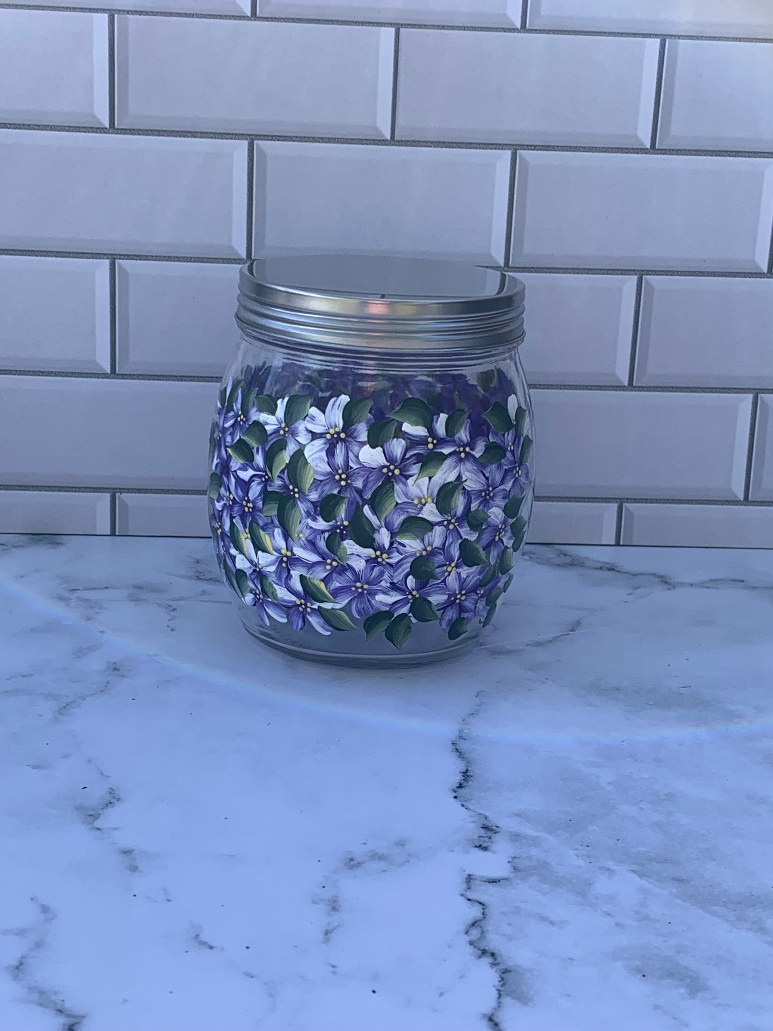 27 oz Purple Hydrangeas Glass Storage Jar for kitchen or bathroom storage, hand painted