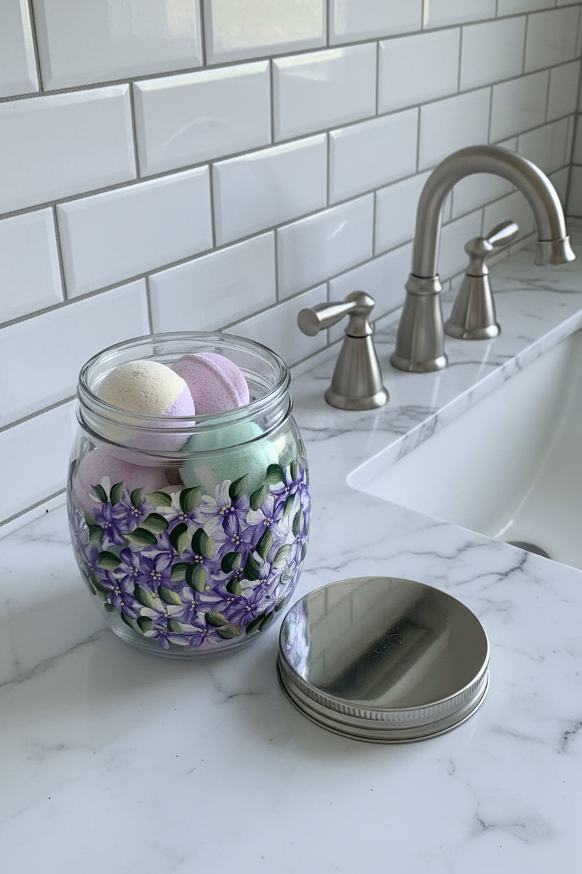 27 oz Purple Hydrangeas Glass Storage Jar for kitchen or bathroom storage, hand painted