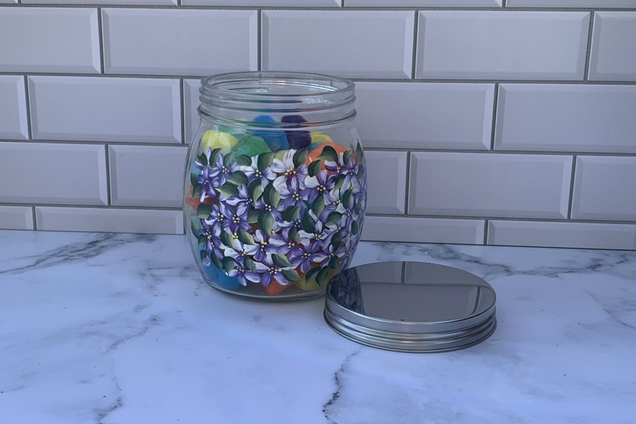 27 oz Purple Hydrangeas Glass Storage Jar for kitchen or bathroom storage, hand painted