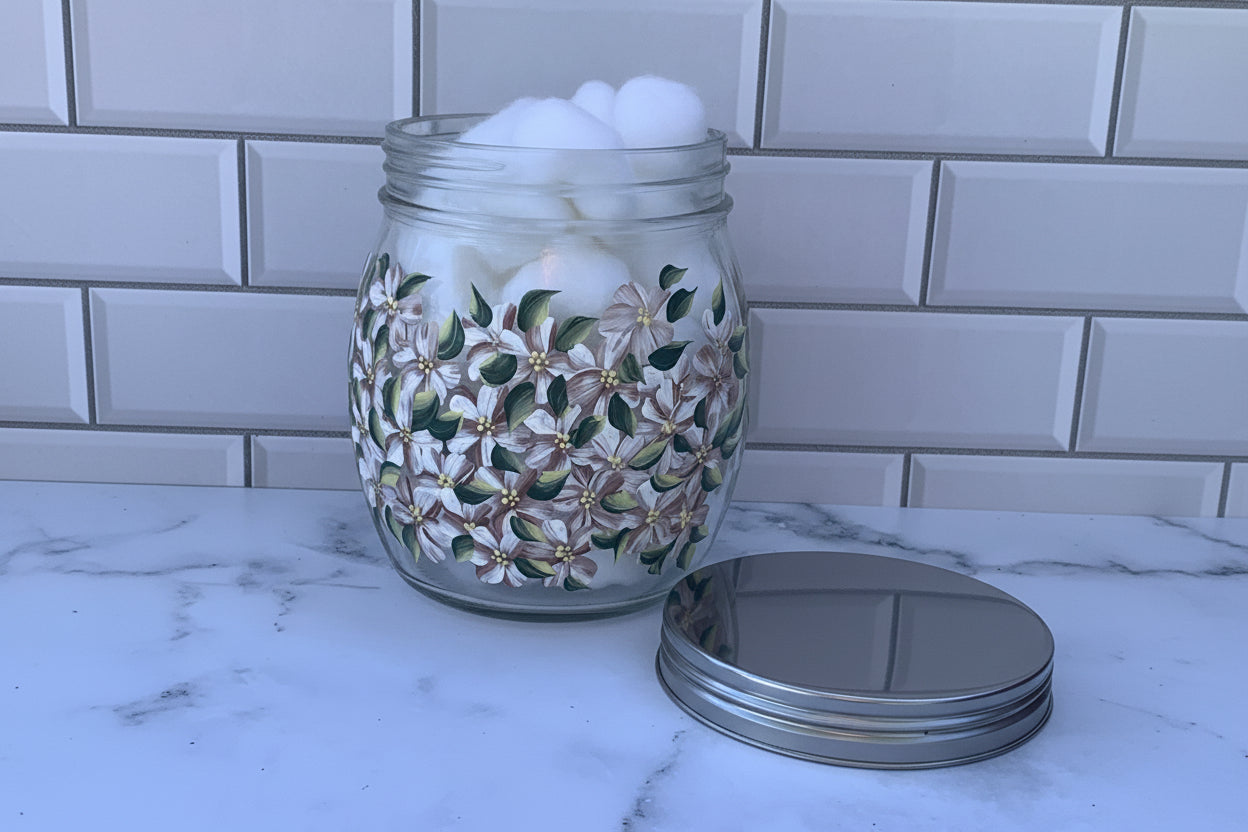27 oz Off-White Hydrangea Floral Hand-Painted glass storage jar, kitchen or bathroom storage