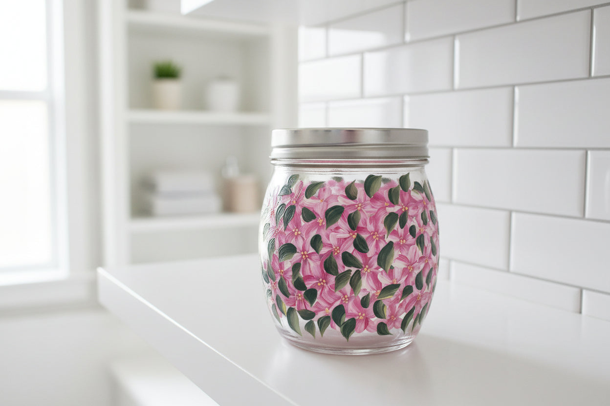27 oz Glass Storage Jar hand painted with Pink Hydrangea Flowers for kitchen or bathroom storage