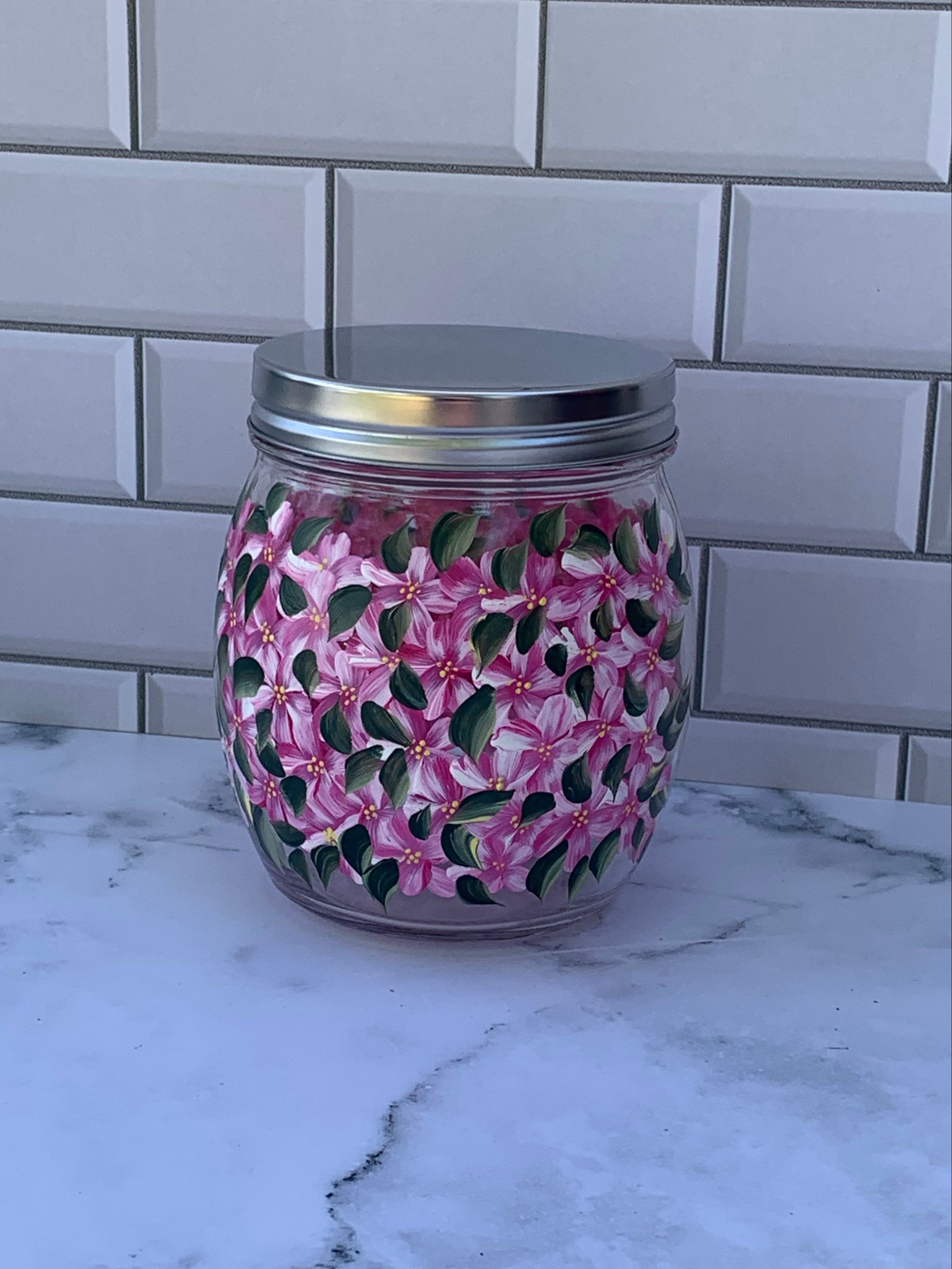 27 oz Glass Storage Jar hand painted with Pink Hydrangea Flowers for kitchen or bathroom storage