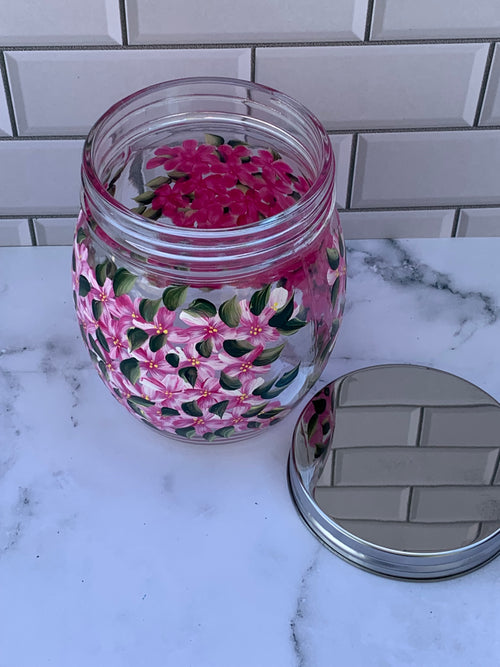 27 oz round glass storage jar with metal screw on lid hand painted with purple hydrangeas all around