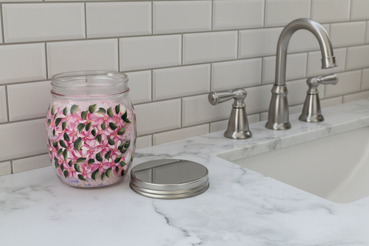 27 oz Glass Storage Jar hand painted with Pink Hydrangea Flowers for kitchen or bathroom storage