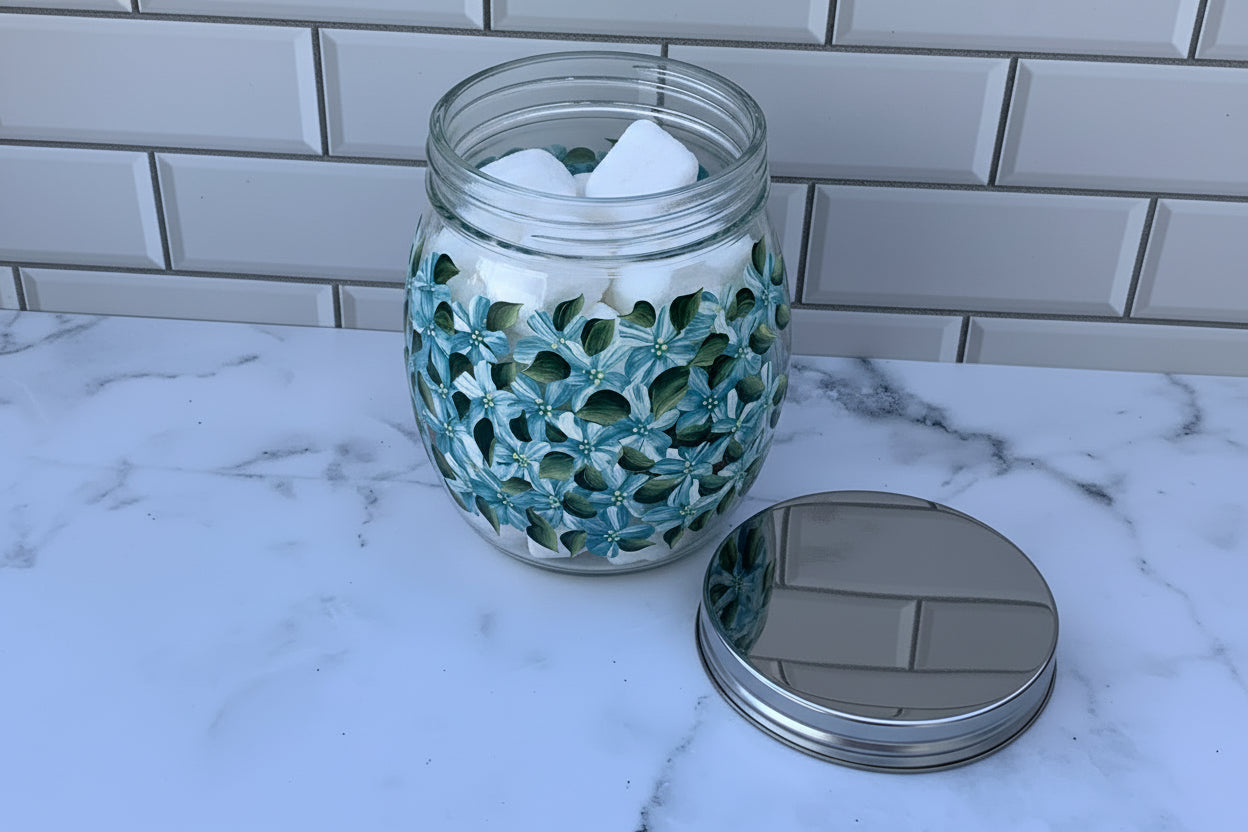 27 oz Glass Storage Jar hand painted with Blue Hydrangea Flowers for kitchen or bathroom storage