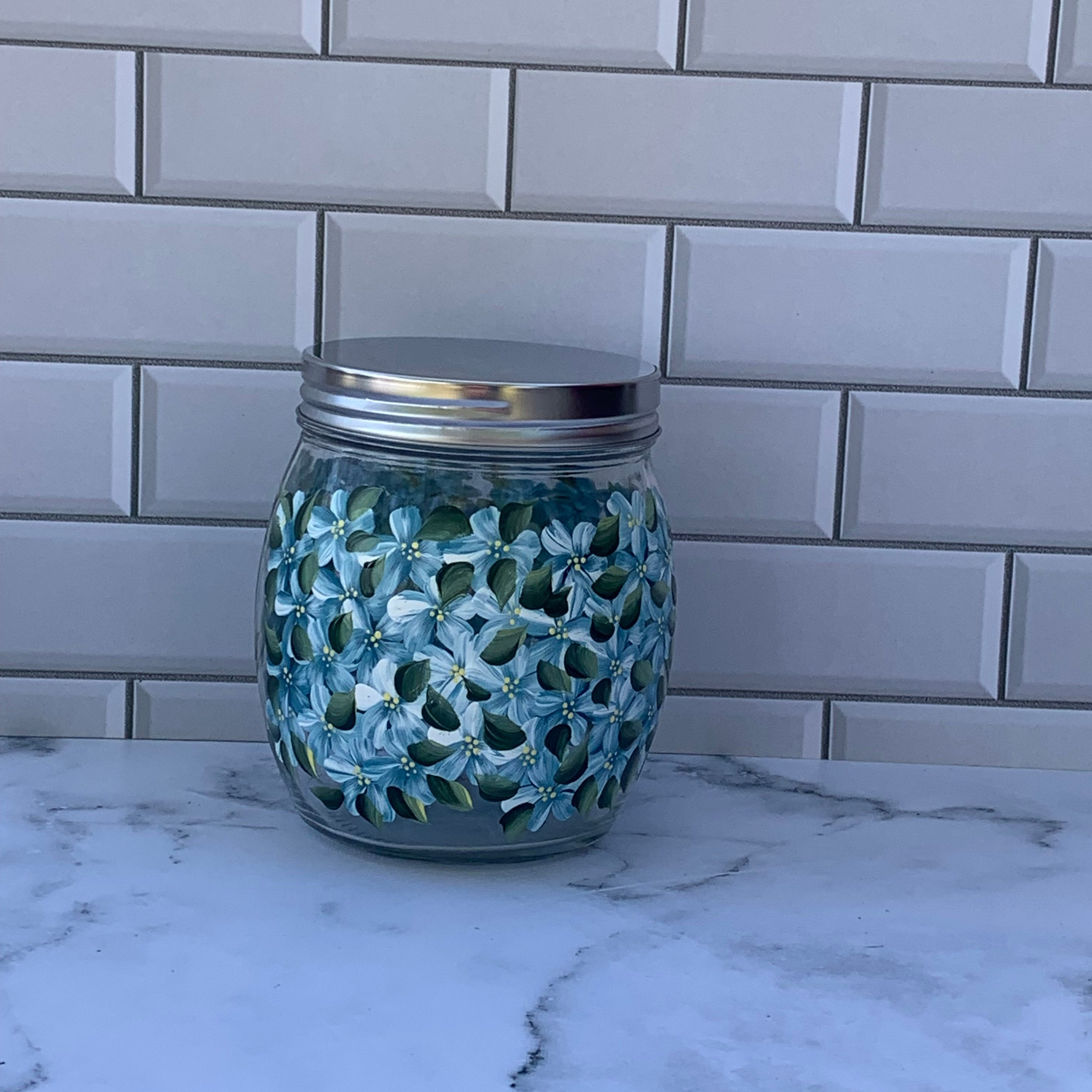 27 oz Glass Storage Jar hand painted with Blue Hydrangea Flowers for kitchen or bathroom storage