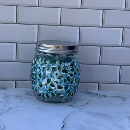 27 oz Glass Storage Jar hand painted with Blue Hydrangea Flowers for kitchen or bathroom storage