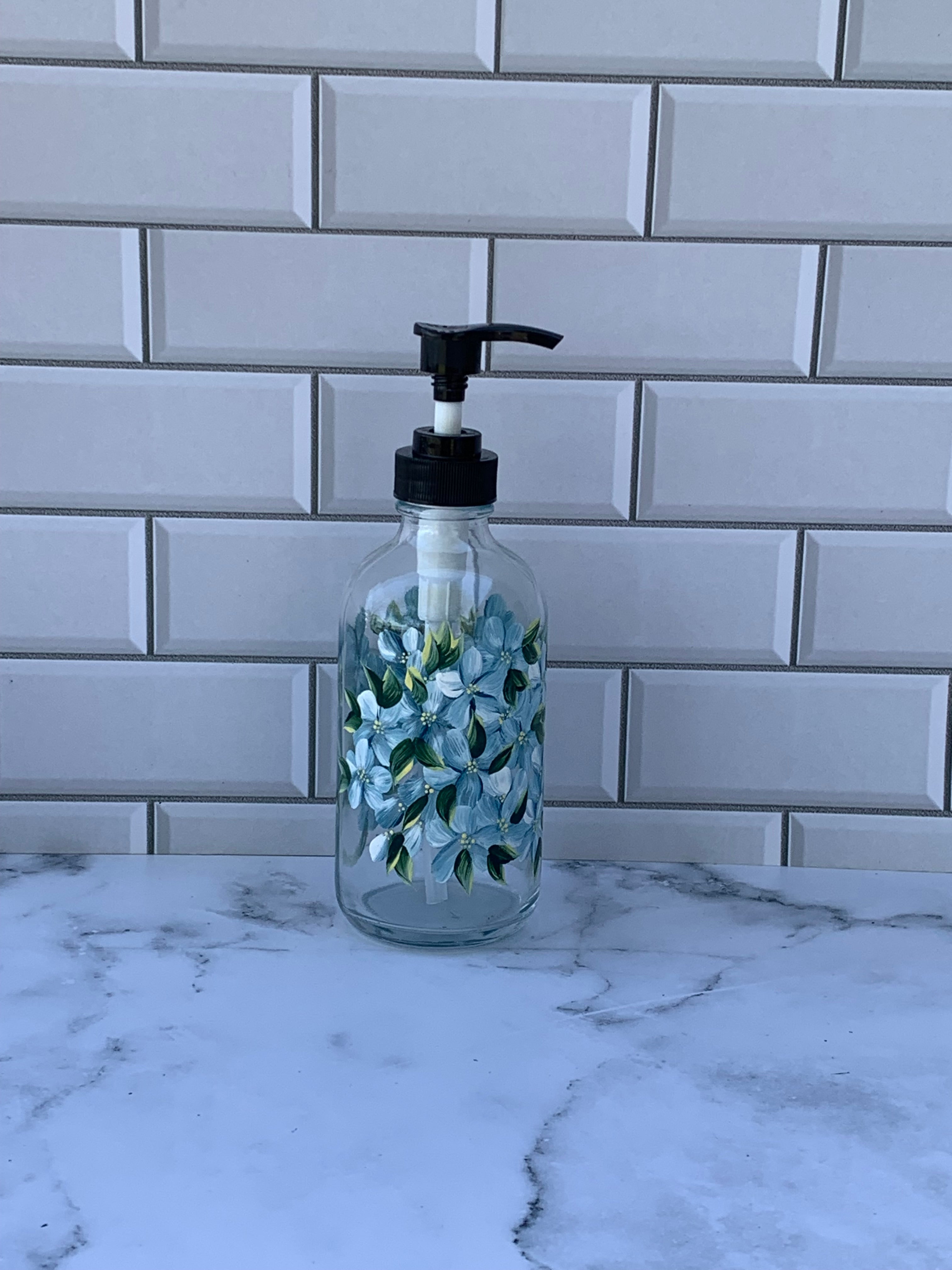 Blue hydrangea glass soap pump, hand painted floral