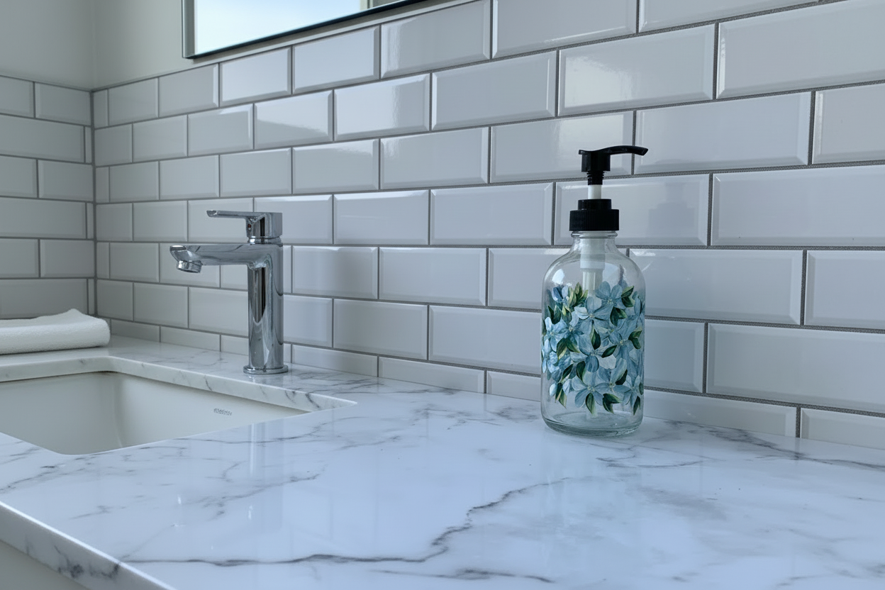 Blue hydrangea glass soap pump, hand painted floral