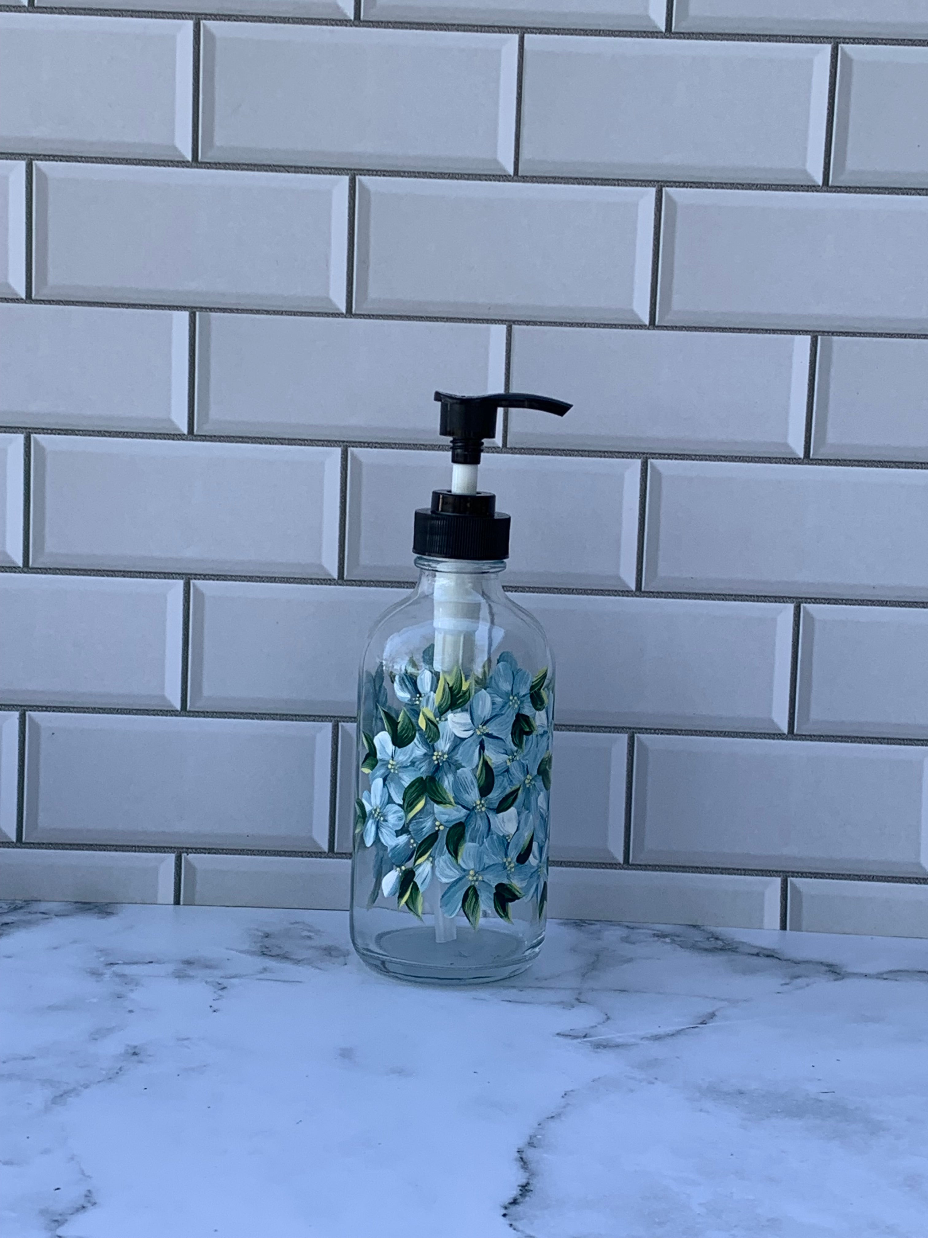 Blue hydrangea glass soap pump, hand painted floral