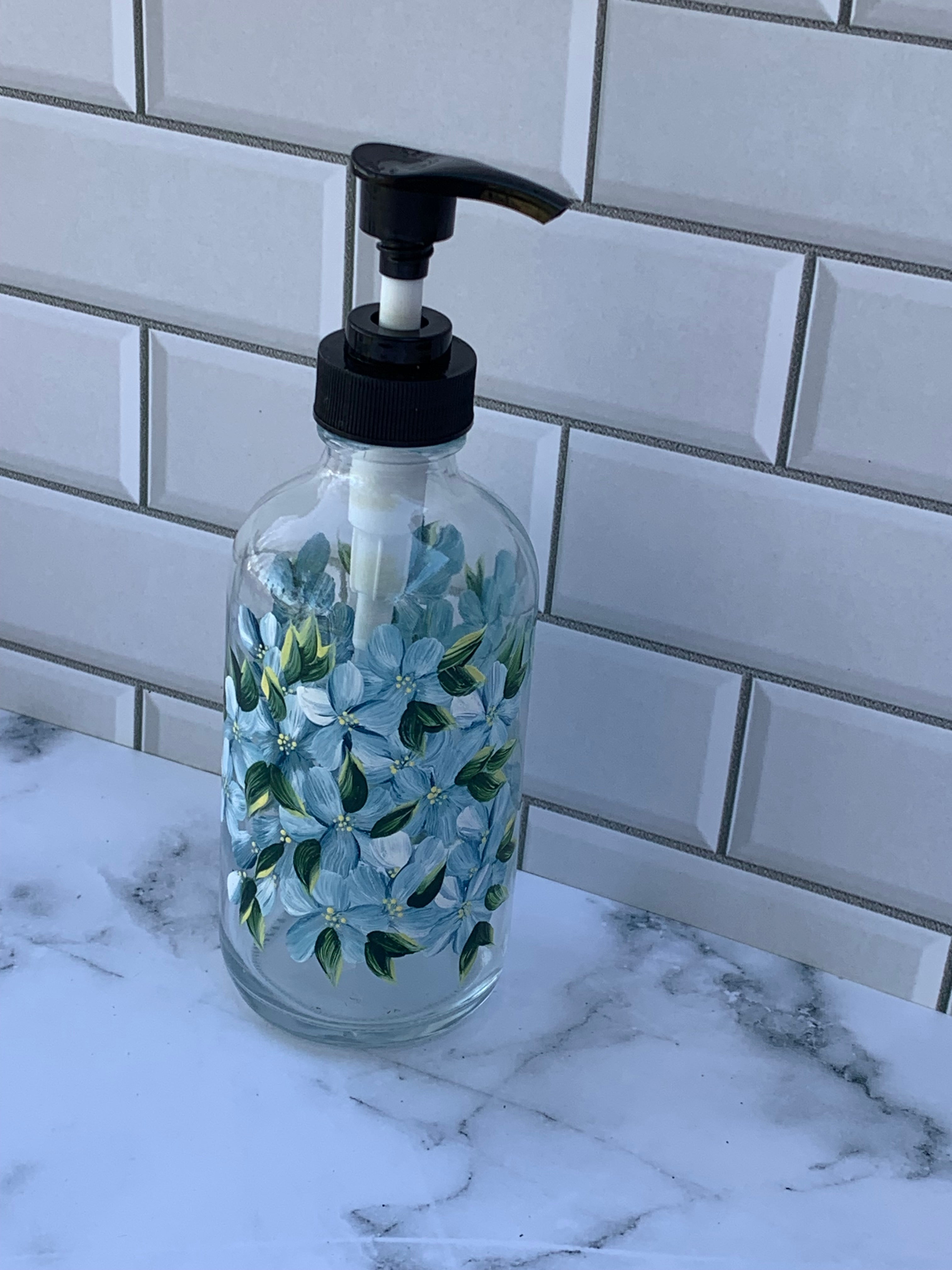 Blue hydrangea glass soap pump, hand painted floral